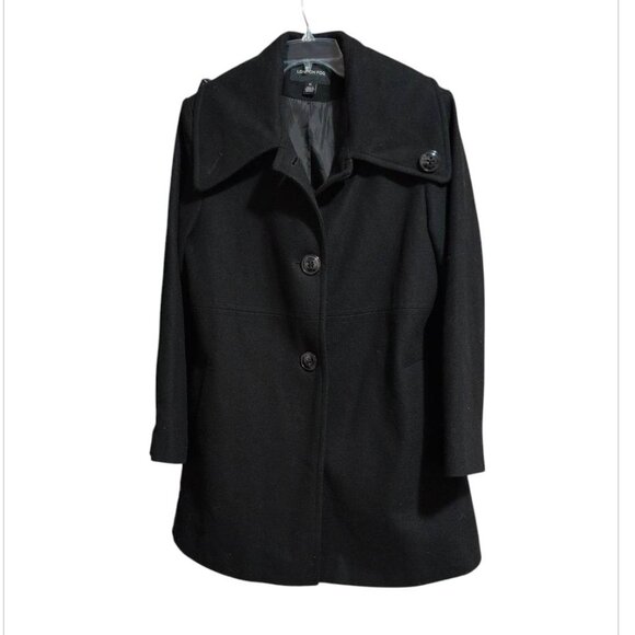 London Fog Coat Black Fit and Flare Button Down Wool Lined Jacket with Pockets - Picture 1 of 7